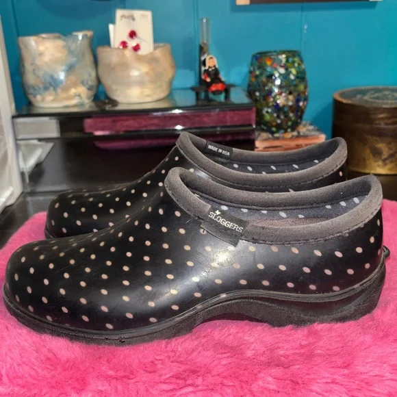 SLOGGERS Black with Light Pink Polka Dot Clogg Waterproof Gardening Shoes size 7 - Picture 4 of 9